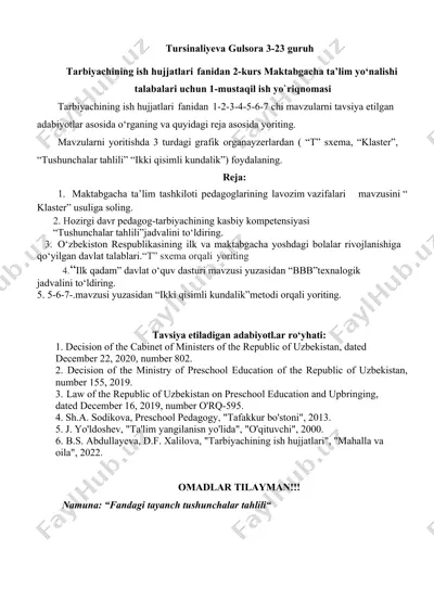 tarbiyachining ish hujjatlari fanidan 2-kurs maktabgacha ta’lim yo‘nalishi talabalari uchun 1-mustaqil ish yo`riqnomasi — DOCX