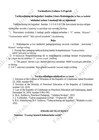 tarbiyachining ish hujjatlari fanidan 2-kurs maktabgacha ta’lim yo‘nalishi talabalari uchun 1-mustaqil ish yo`riqnomasi — PDF