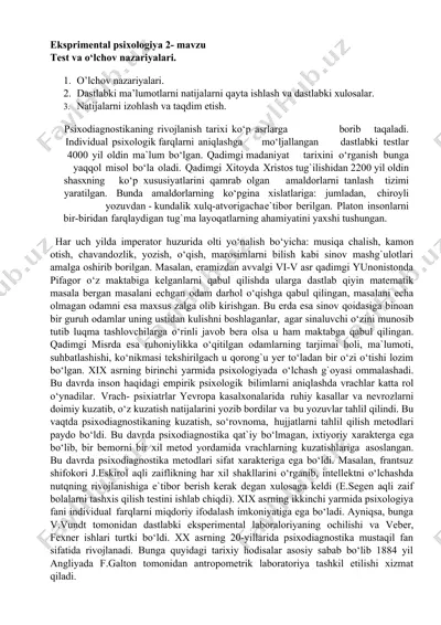 eksprimental psixologiya 2- mavzu test va o‘lchov nazariyalari — DOCX