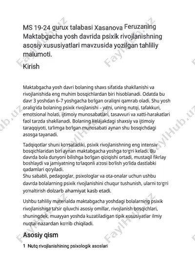 maktabgacha yoshdagi bolalarning psixik rivojlanishi tahliliy materiali — DOCX