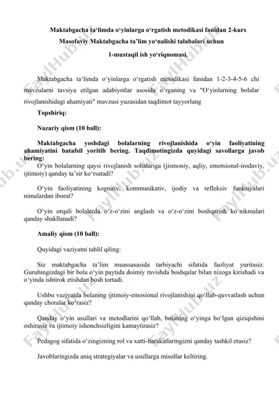maktabgacha ta‘limda o‘yinlarga o‘rgatish metodikasi fanidan 2-kurs masofaviy maktabgacha ta’lim yo‘nalishi talabalari uchun 1-mustaqil ish yo‘riqnomasi. — DOCX