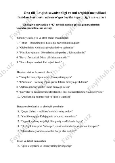 4-semestr ona tili o‘quv loyihasi: ekologiya mavzusi bo‘yicha 4 “k” modeli asosida esse — DOCX