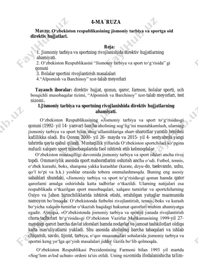 o‘zbekiston respublikasining jismoniy tarbiya va sportga oid direktiv hujjatlari — PDF