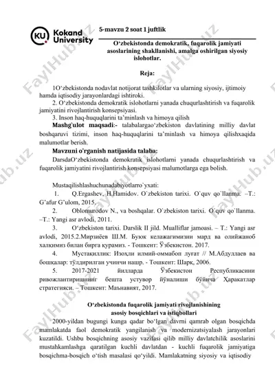 o‘zbekistonda demokratik, fuqarolik jamiyati asoslarining shakllanishi, amalga oshirilgan siyosiy islohotlar — DOCX