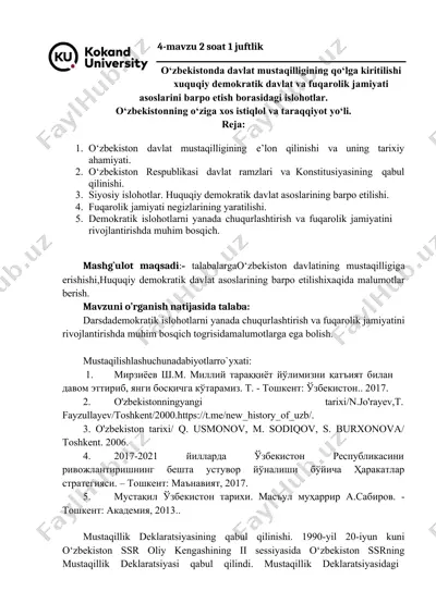 o‘zbekistonda davlat mustaqilligining qo‘lga kiritilishi xuquqiy demokratik davlat va fuqarolik jamiyati asoslarini barpo etish borasidagi islohotlar. — DOCX