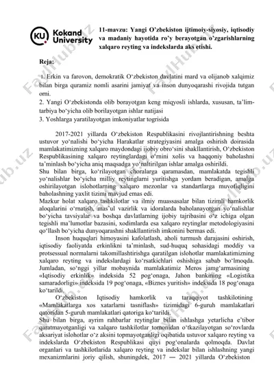 yangi o’zbekiston ijtimoiy-siyosiy, iqtisodiy va madaniy hayotida ro’y berayotgan o’zgarishlarning xalqaro reyting va indekslarda aks etishi — DOCX