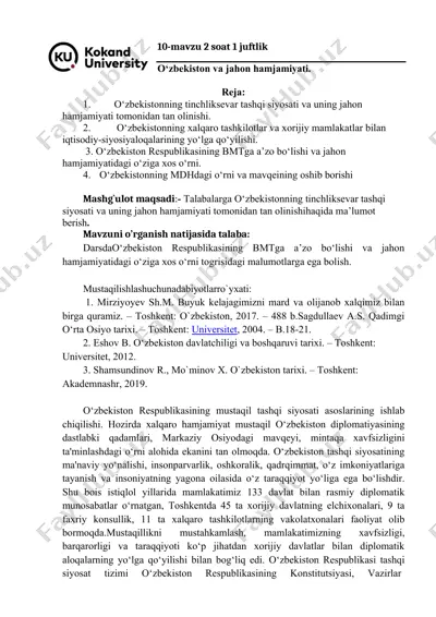 o‘zbekistonning tinchliksevar tashqi siyosati va uning jahon hamjamiyati — DOCX