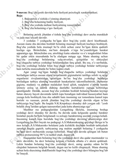 bog’cha yoshi davrida bola faoliyati psixologik xarakteristikasi — DOCX