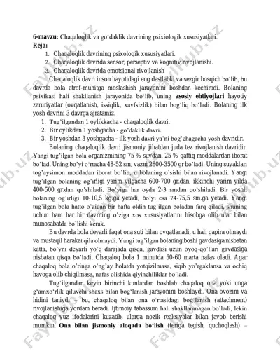 chaqaloqlik va goʻdaklik davrining psixiologik xususiyatlari — PDF