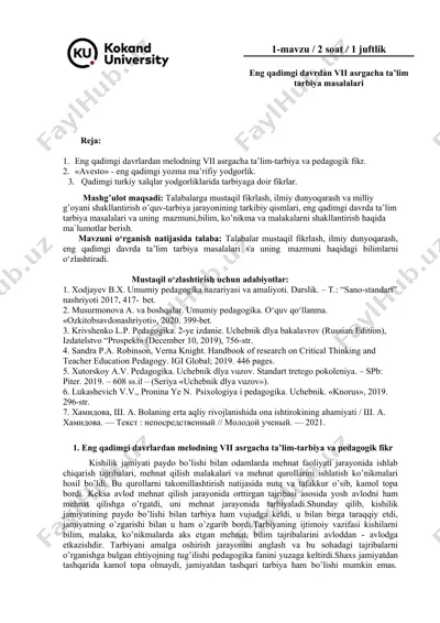 eng qadimgi davrlardan melodning vii asrgacha ta’lim-tarbiya va pedagogik fikr — DOCX