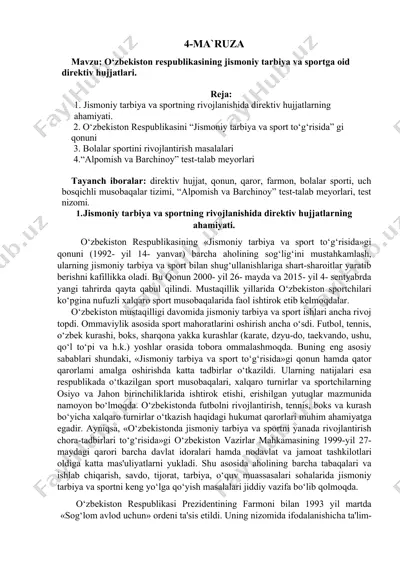 o‘zbekiston respublikasining jismoniy tarbiya va sportga oid direktiv hujjatlari — DOCX
