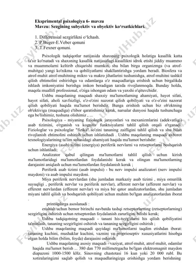 eksperimental psixologiya 6- mavzu — DOCX