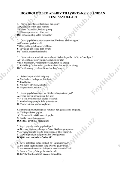 hozirgi o'zbek adabiy tili (sintaksis) fanidan test savollari — DOCX