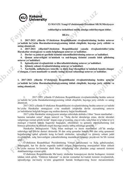 yangi o’zbekistonda prezident sh.m.mirziyoyev rahbarligiva tashabbusi ostida amalga oshirilayotgan ishlar — DOCX
