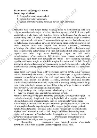 eksperimental psixologiya 3- mavzu sensor deprivatsiyasi — DOCX