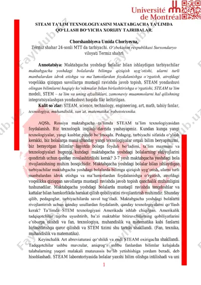 steam ta’lim texnologiyasini maktabgacha ta’limda qo‘llash bo‘yicha xorijiy tajribalar — PDF