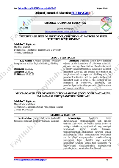 maktabgacha ta`lim yoshdagi bolalarning ijodiy qobiliyatlari va uni samarali rivojlantirish omillari — PDF