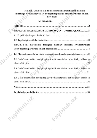 uchinchi sinfda matematikadan tafakkurni mantiqiy fikrlashga rivojlantiruvchi ijodiy topshiriq tarzida masalalar ustida ishlash metodikasi — DOCX