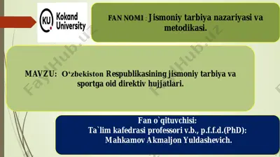 o‘zbekiston respublikasining jismoniy tarbiya va sportga oid direktiv hujjatlari — PDF