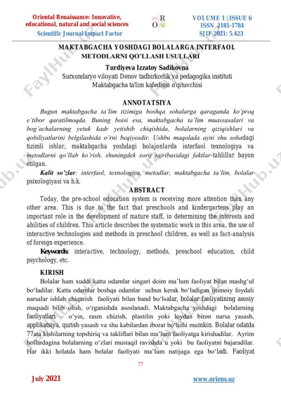 maktabgacha yoshdagi bolalarga interfaol metodlarni qo’llash usullari — PDF