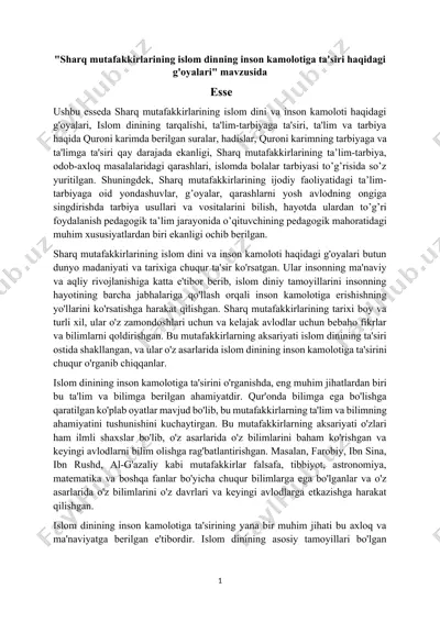 sharq mutafakkirlarining islom dinning inson kamolotiga ta'siri haqidagi g'oyalari — DOCX
