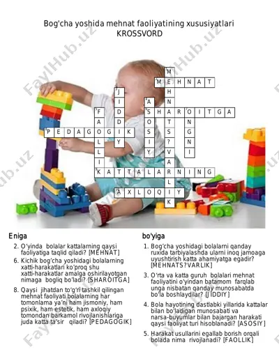 bog'cha yoshida mehnat faoliyatining xususiyatlari krossvord — PDF
