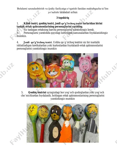 bolalarni saxnalashtirish va ijodiy faoliyatga o‘rgatish fanidan mustaqil ish uchun topshiriqlar — PDF