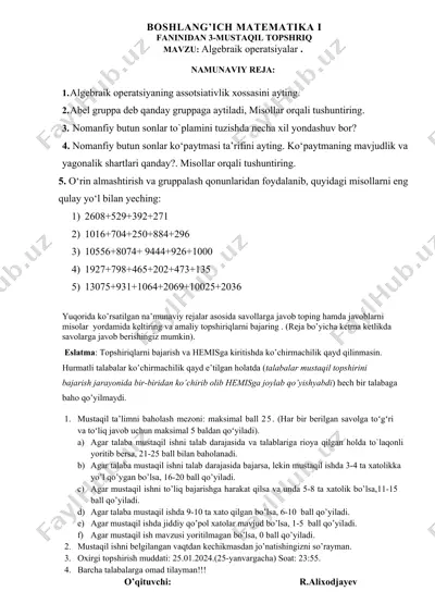 boshlang’ich matematika i mustaqil topshiriq — DOCX