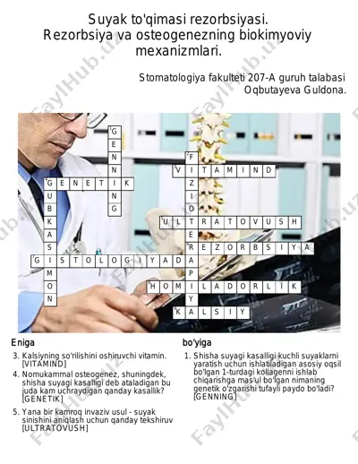 suyak to'qimasi rezorbsiyasi va osteogenezning biokimyoviy mexanizmlari — PDF