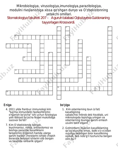mikrobiologiya, virusologiya, imunologiya, parazitologiya moduli krossvordi — PDF