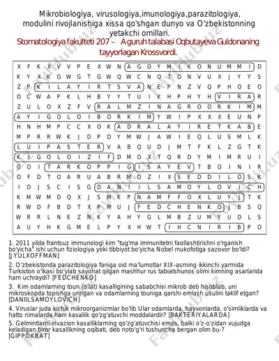 mikrobiologiya, virusologiya, imunologiya, parazitologiya moduli bo'yicha krossvord — PDF