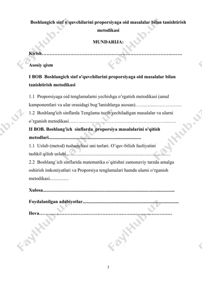 boshlangich sinf o'quvchilarini proporsiyaga oid masalalar bilan tanishtirish metodikasi — DOCX
