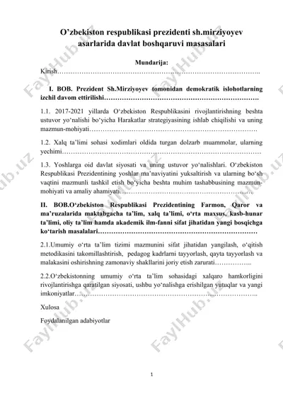 o’zbekiston respublikasi prezidenti sh. mirziyoyev asarlarida davlat boshqaruvi masasalari — DOCX