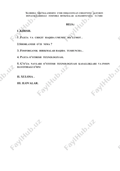 xloridli sho’ralamishni unib chiqayotgan chigitning aleyron donachalaridagi fosforli bitikmalar almashinuviga ta’siri — DOCX