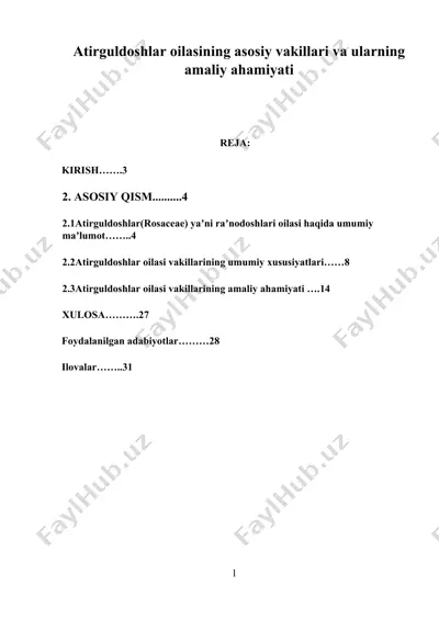 atirguldoshlar oilasining asosiy vakillari va ularning amaliy ahamiyati — DOCX
