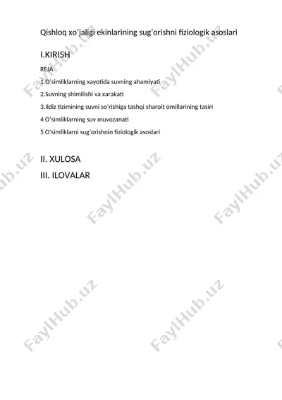 qishloq xo’jaligi ekinlarining sug’orishni fiziologik asoslari — DOCX