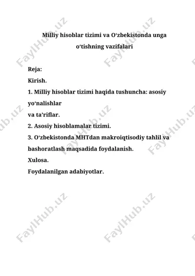 milliy hisoblar tizimi va o‘zbekistonda unga o‘tishning vazifalari — DOCX