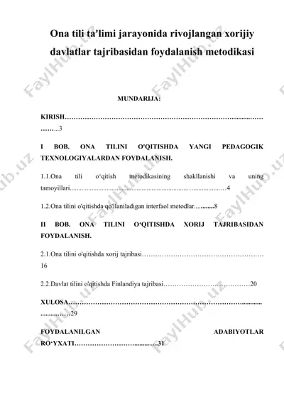 ona tili ta'limi jarayonida rivojlangan xorijiy davlatlar tajribasidan foydalanish metodikasi — DOCX