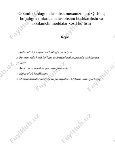 o‘simliklardagi nafas olish mexanizmlari. qishloq ho‘jaligi ekinlarida nafas olishni boshkarilishi va ikkilamchi moddalar xosil bo‘lishi — DOCX