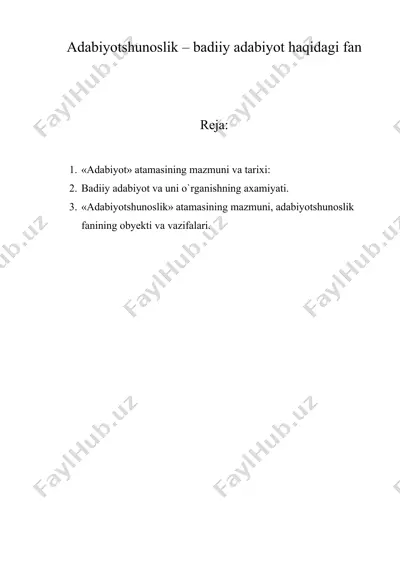 adabiyotshunoslik – badiiy adabiyot haqidagi fan — DOC