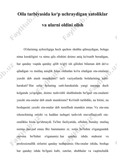 oila tarbiyasida koʻp uchraydigan xatoliklar va ularni oldini olish — DOCX