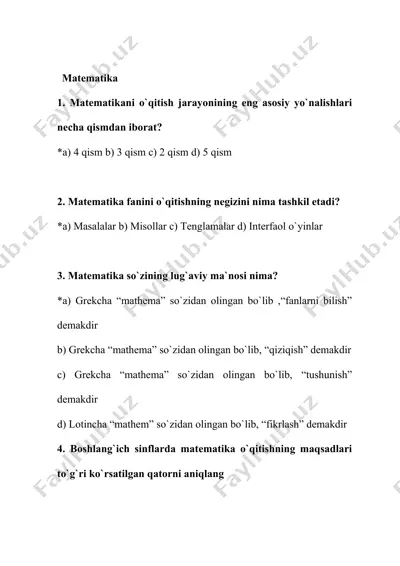 matematika o‘qitish metodikasi savol-javoblar to‘plami — DOCX
