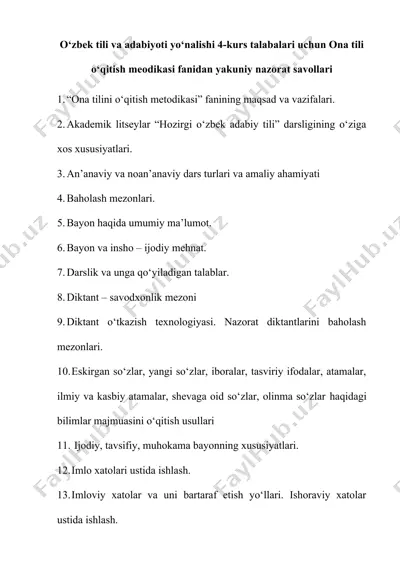 ona tili o‘qitish metodikasi fanidan yakuniy nazorat savollari — DOCX