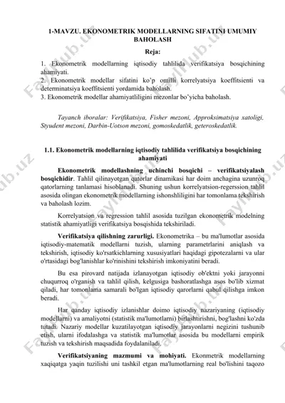 ekonometrik modellar sifatini baholash taqdimoti — DOCX