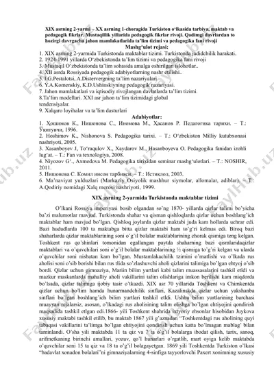 xix asrning 2-yarmi – xx asrning 1-choragida turkiston o‘lkasida tarbiya, maktab va pedagogik fikrlar — DOCX