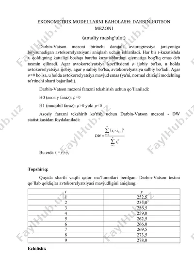 darbin-vatson mezoni bo‘yicha vaqtli qatorlarning qoldiqlari avtokorrelyatsiyasini aniqlash — DOCX