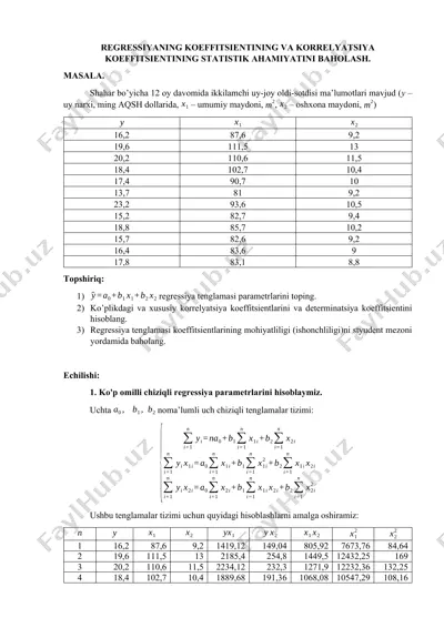 regressiyaning koeffitsientining va korrelyatsiya koeffitsientining statistik ahamiyatini baholash — DOCX