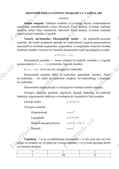 ekonometrika fanining maqsadi va vazifalari (amaliy) — DOCX