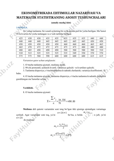 ekonometrikada ehtimollar nazariyasi va matematik statistikaning asosiy tushunchalari (amaliy mashg’ulot) — DOCX