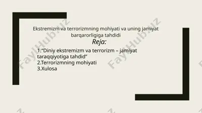 ekstremizm va terrorizmning mohiyati va uning jamiyat barqarorligiga tahdidi — PPTX